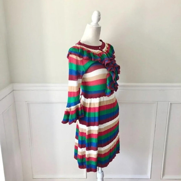 Bright Stripe Long Sleeve Dress Ruffle M - Picture 3 of 6